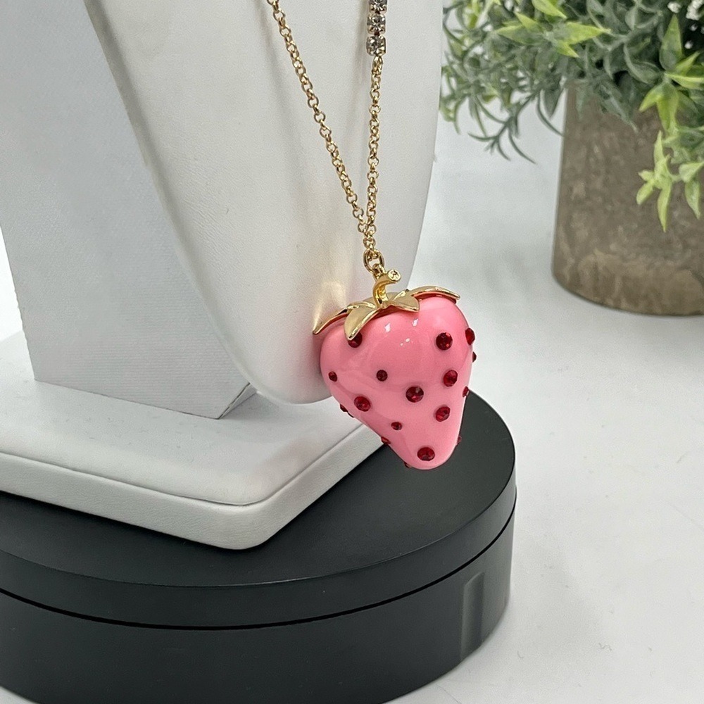 Betsy Johnson Pink Strawberry Red Rhinestone Baby Cakes Necklace Gold Tone New - Picture 3 of 13